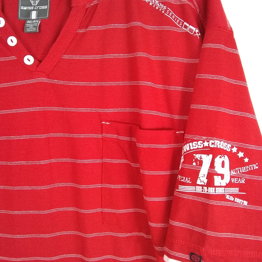 Swiss Cross Henley Men's 4XL Tall Shrt Slv Button Logos Red/Wht Stripe Poly NWT